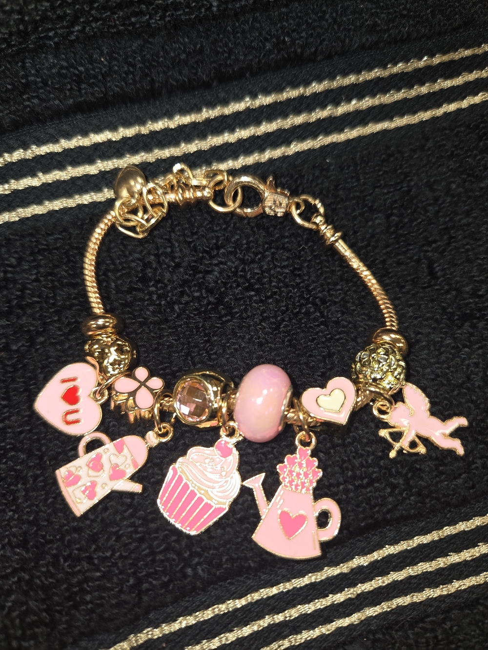 Gold Tone Valentine  Charm Bracelet with Pink Enamel Accents